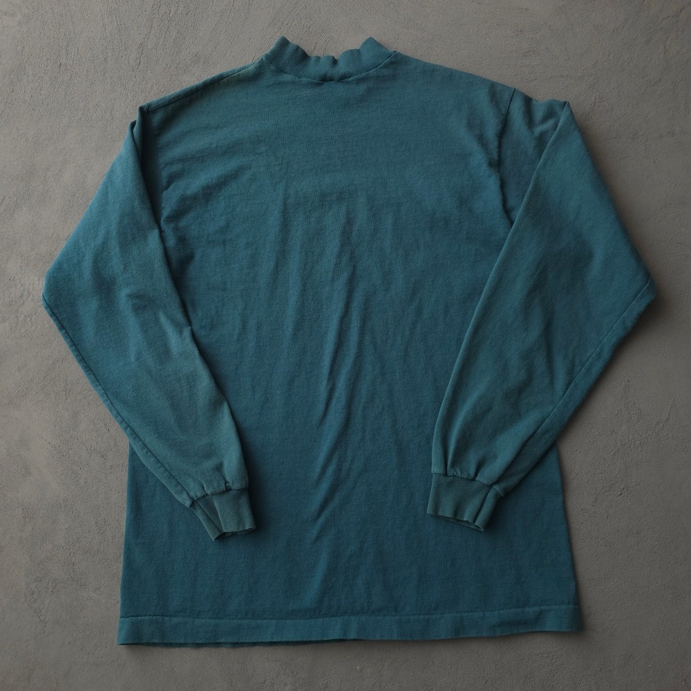 Vintage 90s Fruit of the Loom Teal T-shirt Medium Mock Neck Long Sleeve - Picture 2 of 10